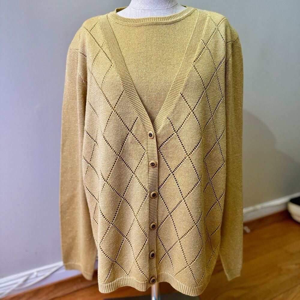 Alfred Dunner Women's Mock Layer Gold Metallic Pullover Long Sleeve Sweater L